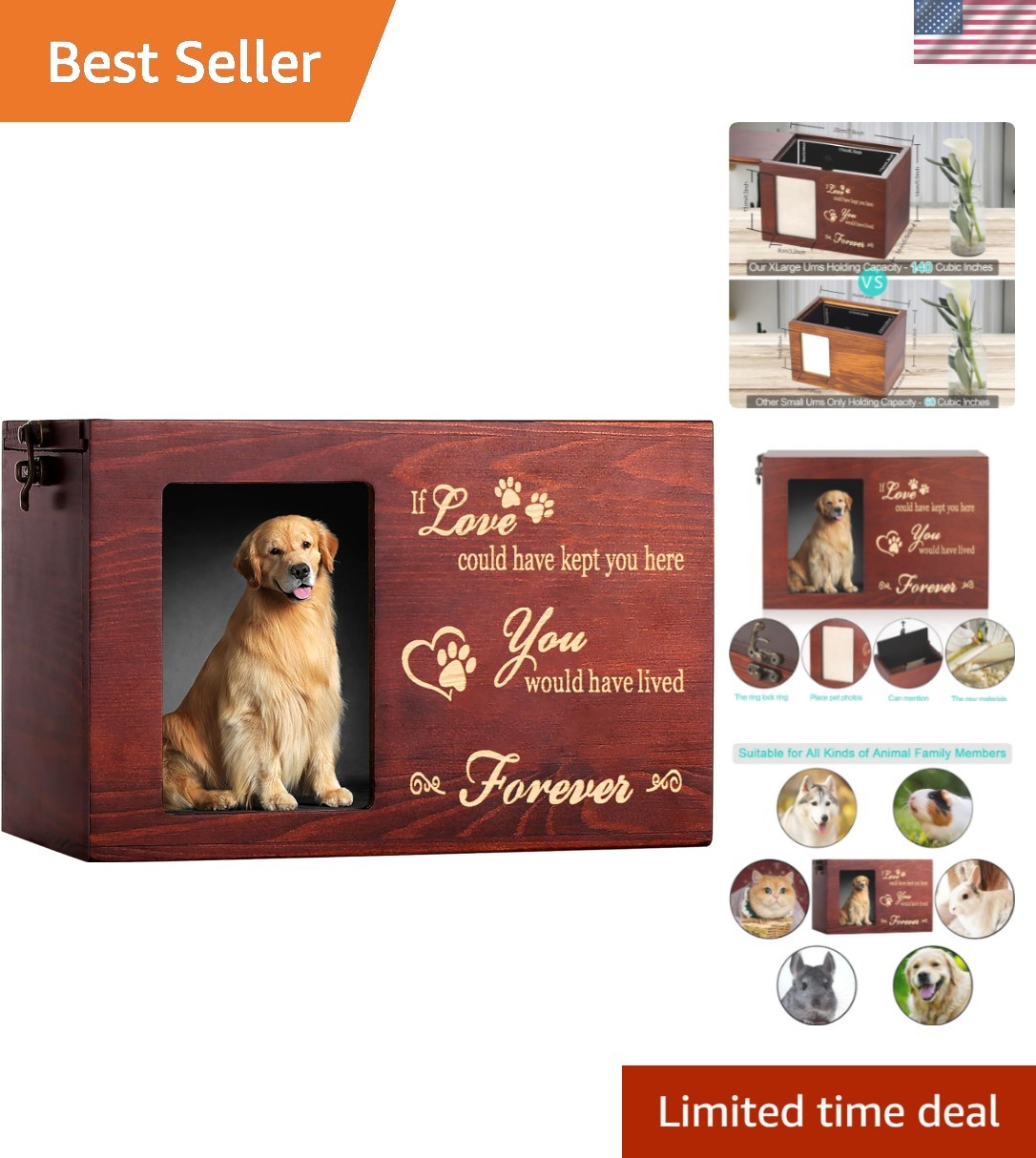 Natural Pinewood Pet Ashes Urn with Photo Display - Cherish Precious Memories