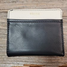Fossil Small Bi-Fold Wallet ID Zip Coin With Snap Closure Black/Cream