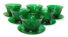 Six - Anchor Hocking Forest Green Custard Cup & Liner Underplate