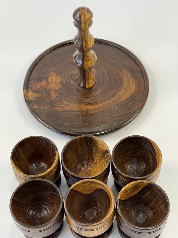 Copas de madera con soporte para huevos de bandeja ~ posiblemente madera de oliva o teca de colección 4,5 pulgadas Foto 3 de 4