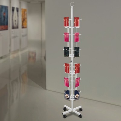 6-Tier Greeting Cards Display Rack 24-Pocket Rotating Postcard Stand W/ 4 Wheels