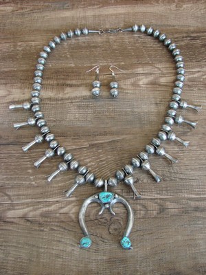 Native American Sterling Silver & Turquoise Squash Blossom Necklace Set by Marti