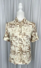 J McLaughlin Sz S Ivory Brown Tropical Print Button Up Short Sleeve Knit Top
