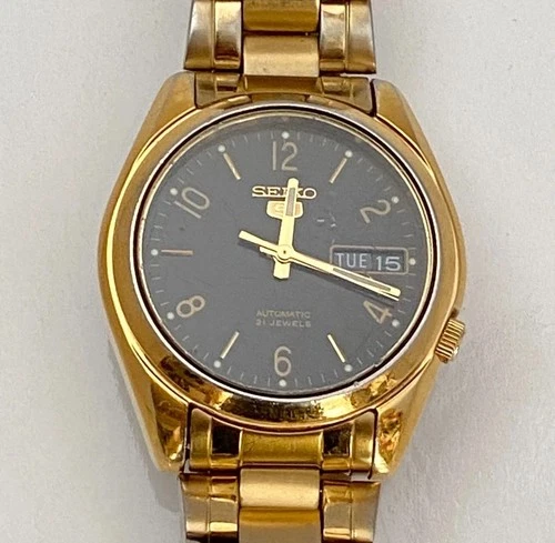 Vintage Mens Seiko 5 Automatic 7S26-01V0 Black Dial Watch Gold Tone *READ