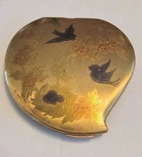 Vintage Elgin American Gold Tone Etched Birds & Flowers Powder Compact