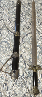 Two Decorative Chinese Jian Swords Dragon Engraved Blades & Ornate Scabbard