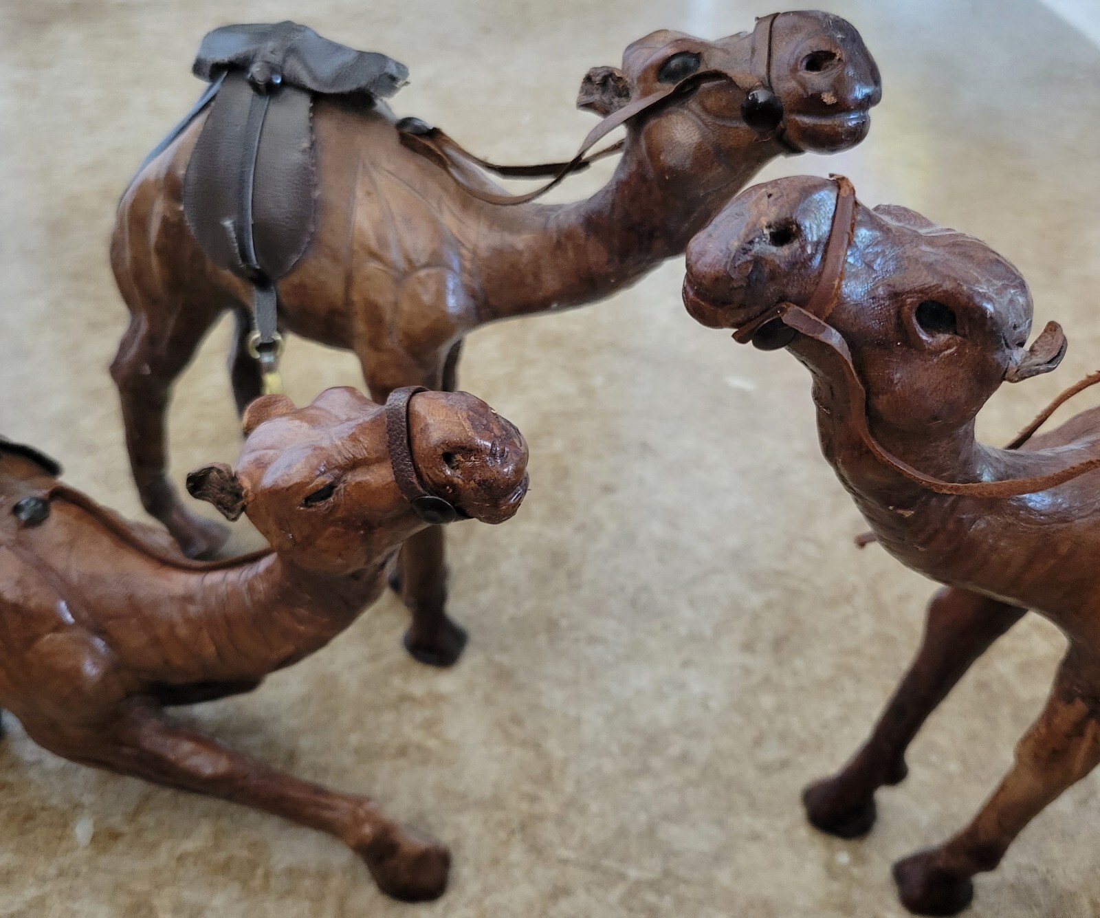 3 Vtg Leather Wrapped Dromedary Camel Figurines Nativity with Saddles Handmade