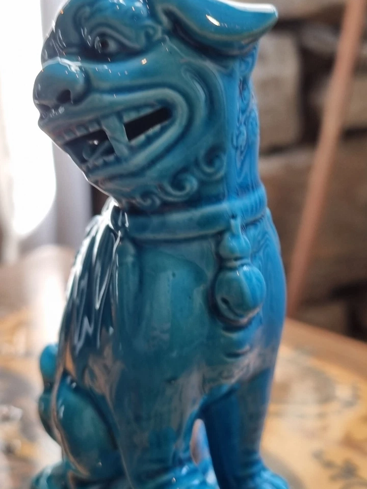 Chien De Foo En Porcelaine Bleu Turquoise Chine Art Asiatique - Photo 3/4