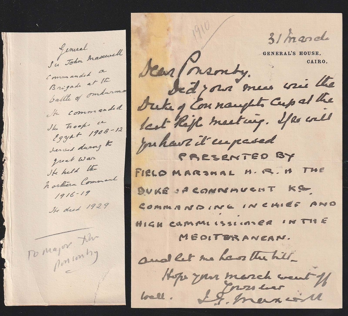 1910 EGYPT, General Sir JOHN MAXWELL to Major John Ponsonby