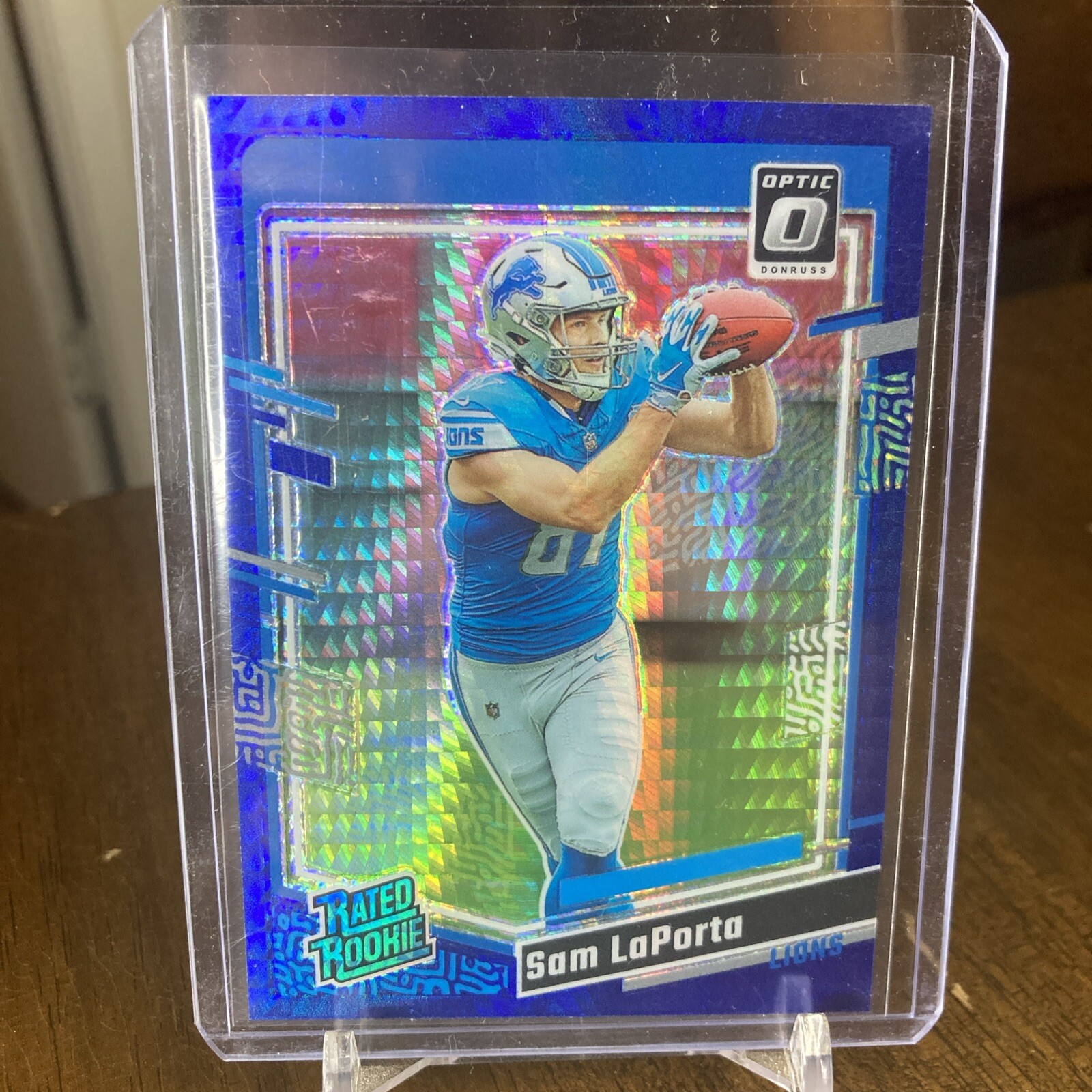 2023 Donruss Optic Football Sam LaPorta Blue Hyper Rated Rookie RC #237