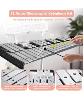 32 Note Glockenspiel Xylophone Aluminum Music Instrument Foldable w/ Bag Gift
