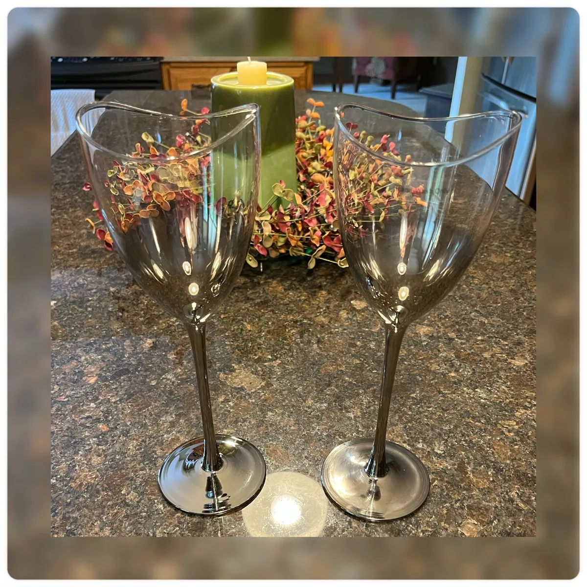 Pair of Tall Graduated Silver Unique Shaped Wine Glasses