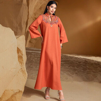 jalabiya loose dresses Women Casual Loose Long Sleeve Embroidery Muslims Maxi Dress Loose Abayas Kaftan Ramadans Robes Moroccan Gowns Jalabiya Dress
