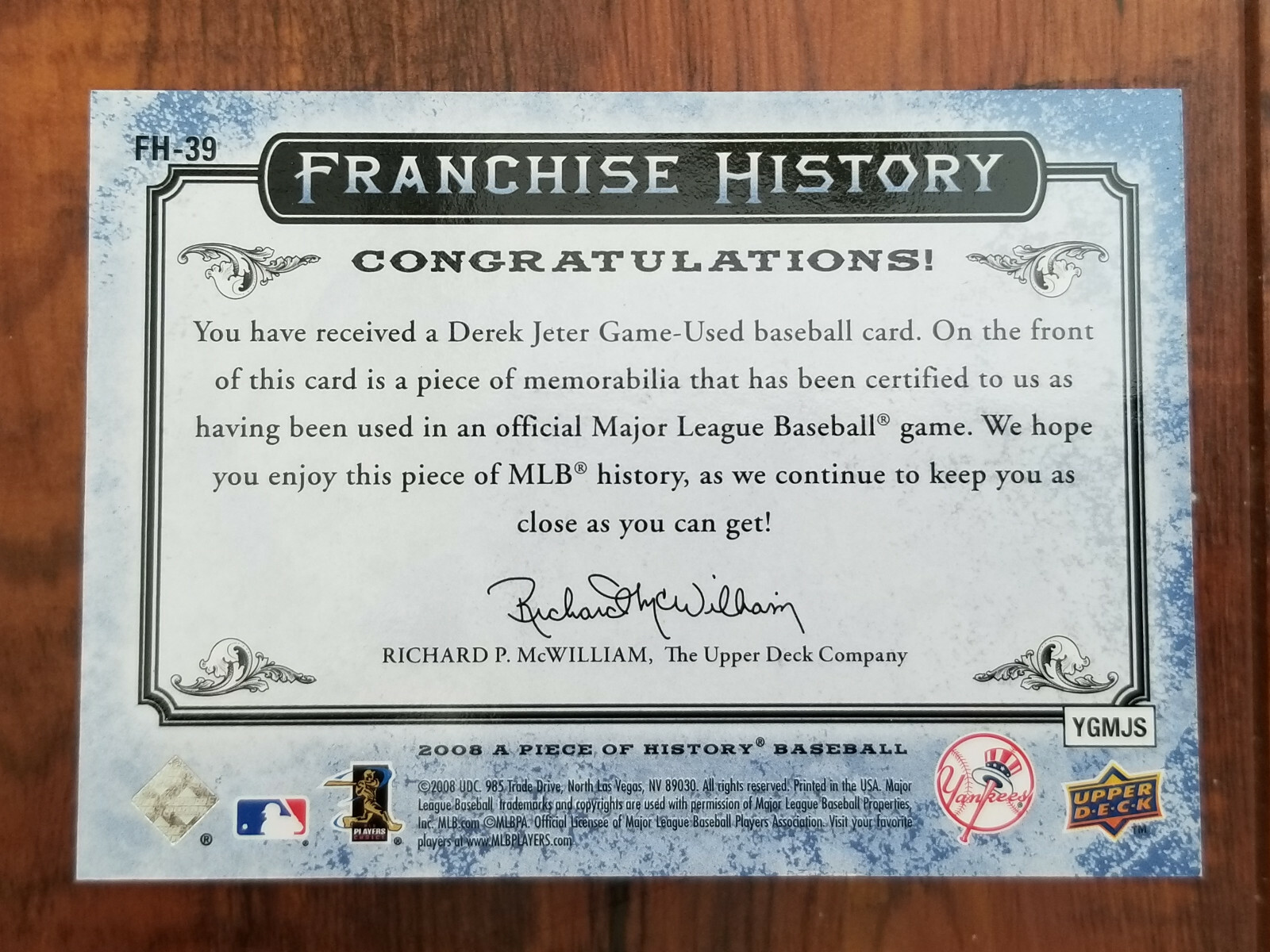 Derek Jeter 2008 Upper Deck A Piece Of History Game-Used Jersey Card - #16/25 view 2