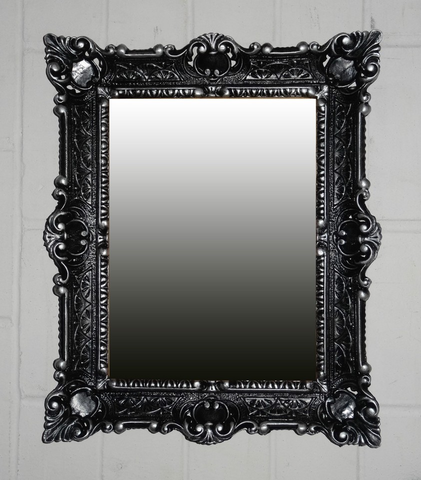 Miroir Mural Antique Avec étagère Console - Style Baroque Noir Et Argent, 56x46 Cm, Fabrication Italienne Neuve