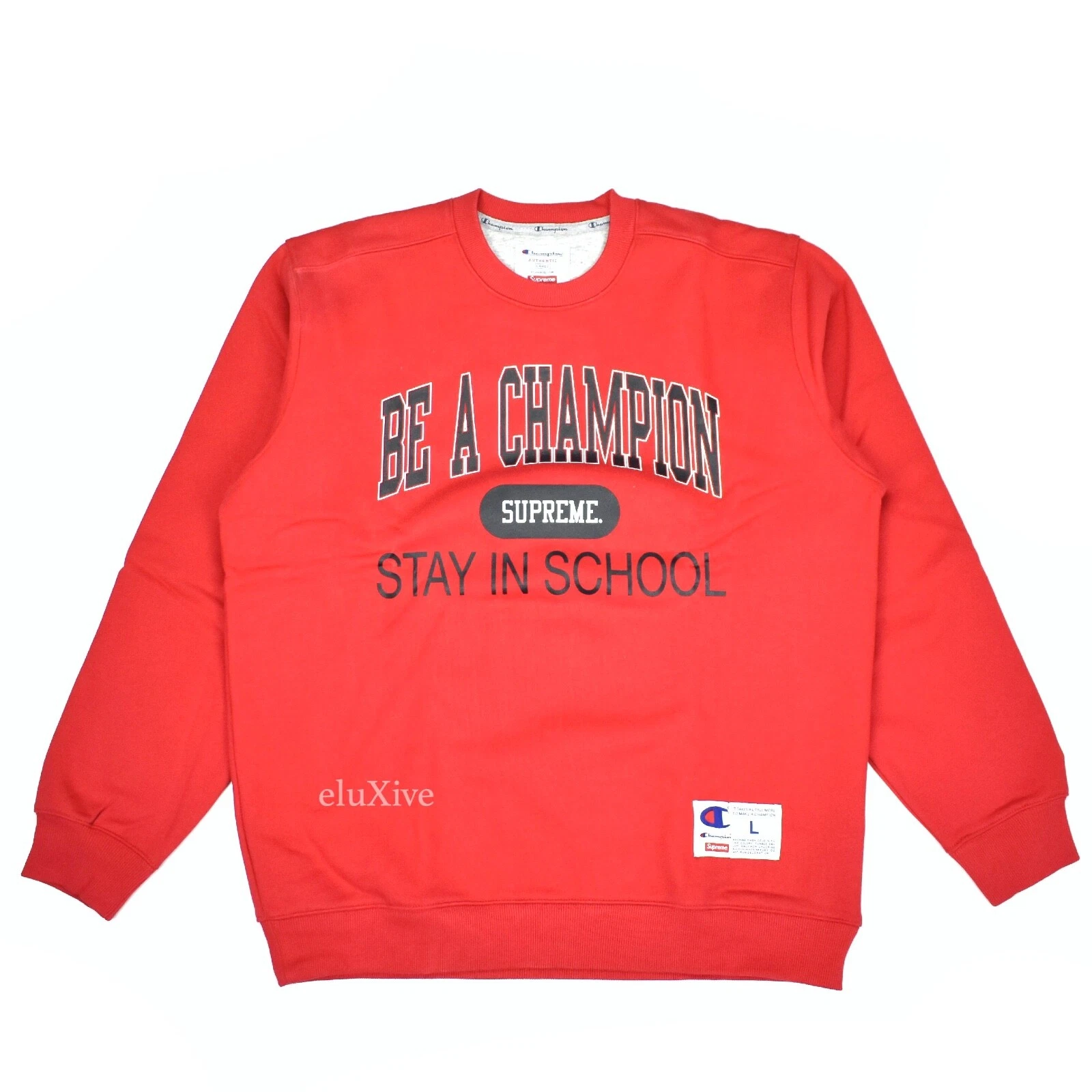 Neuf avec étiquettes logo Supreme Champion Red Stay in School sweat shirt homme L DS SS18 AUTHENTIQUE