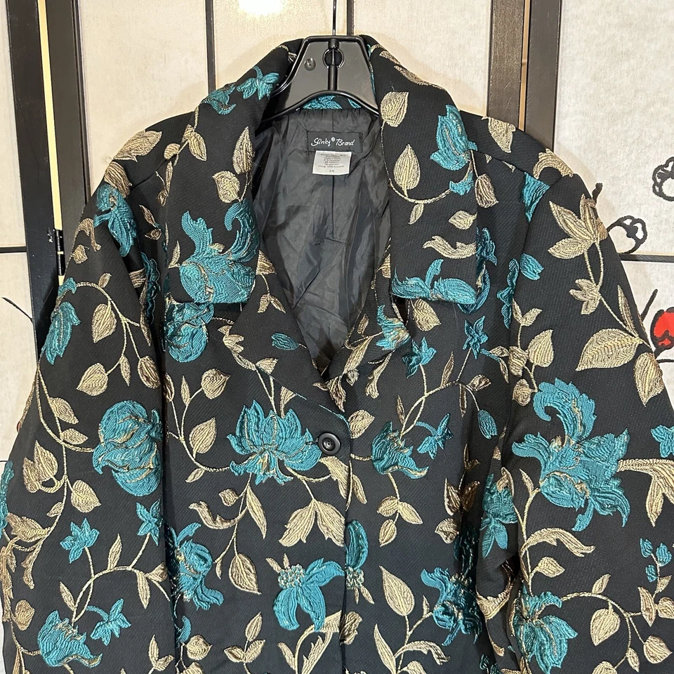 Abrigo Chaqueta Larga Slinky Marca Talla 2x Negro Dorado Azul Floral Bordado Foto 2 de 4