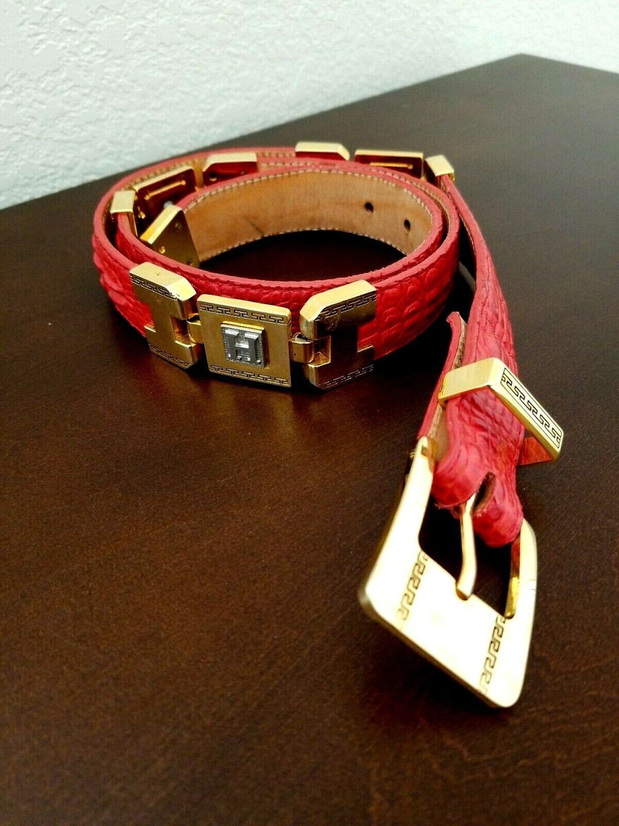 Crocodile Embossed Leather Belt Red Hand Crafted Herencia Mexico Womens Size 38 Herencia Red Crocodile Embossed Belt Leather Mexico Handmade  main image 3