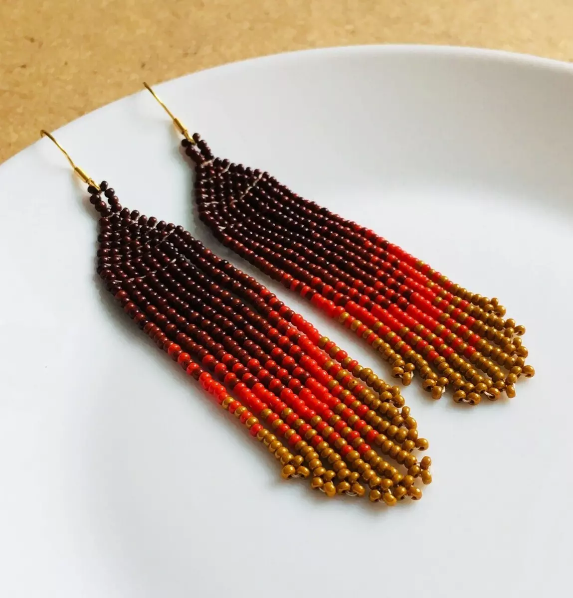 Long Beaded Fringe Earrings, Gradient Beaded Earrings 