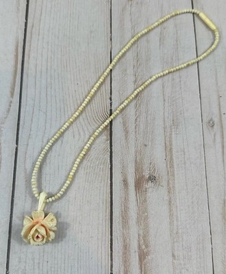 Vintage Hand Crafted Celluloid Ivory Rose Pendant With Necklace