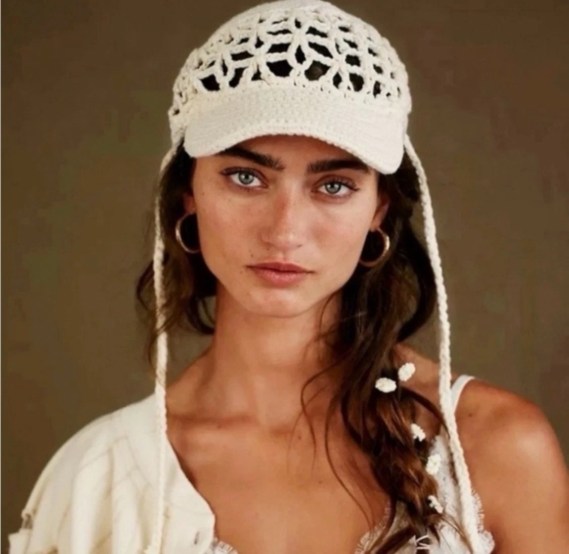 NWT $48 Free People Silvia Crochet Baseball Cap Ivory and a  display picture 1