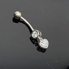 14k Solid White Gold CZ Dangle Heart Belly Button Navel Ring Body Art