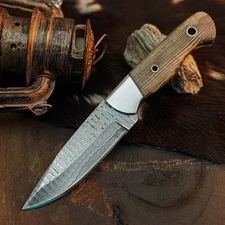 Gift-Ready 9.1" Damascus / Steel Knife Full Tang Hunt it Hunt + Leather Sheath