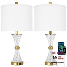 25" Crystal Glass Table Lamps Set of 2, with USB C A Ports, Gold Bedside Lamp,