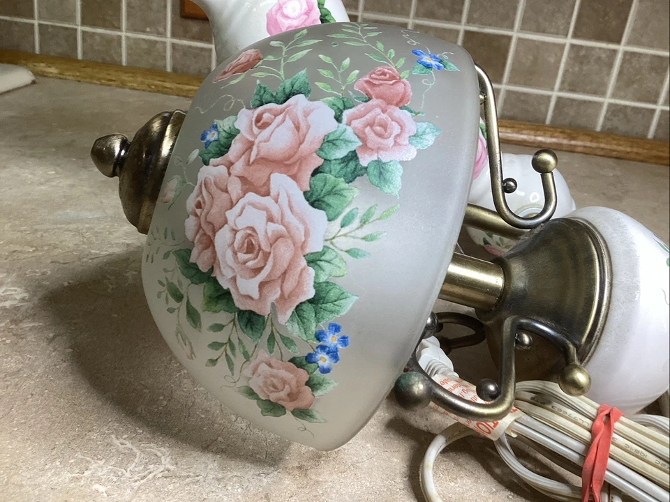 Vintage Wall Malt Glass Light- White Base w/Pink Roses, Brass-13” Tall - Image 4 of 4