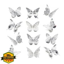 Meikeer 48pc 3D Butterfly Wall Decor Stickers Silver, 4 Styles 3 Sizes