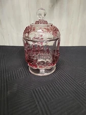 vintage Westmoreland Glass Paneled Grape covered candy dish with a ruby flash