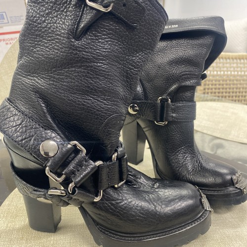 Miu Miu Black Leather Biker Boots Buckle Straps Metal Toe Mid-Calf Round EU 36