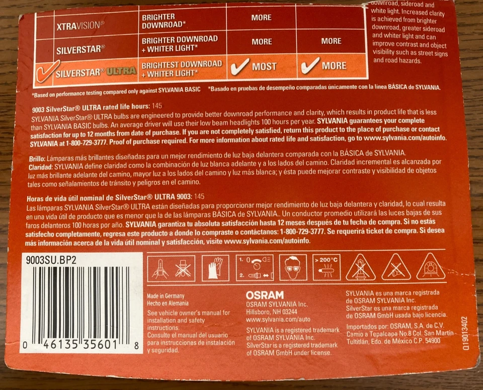 9003 Sylvania Silverstar Ultra лампы для фар двойная упаковка, новые подлинные - Изображение 2 из 2