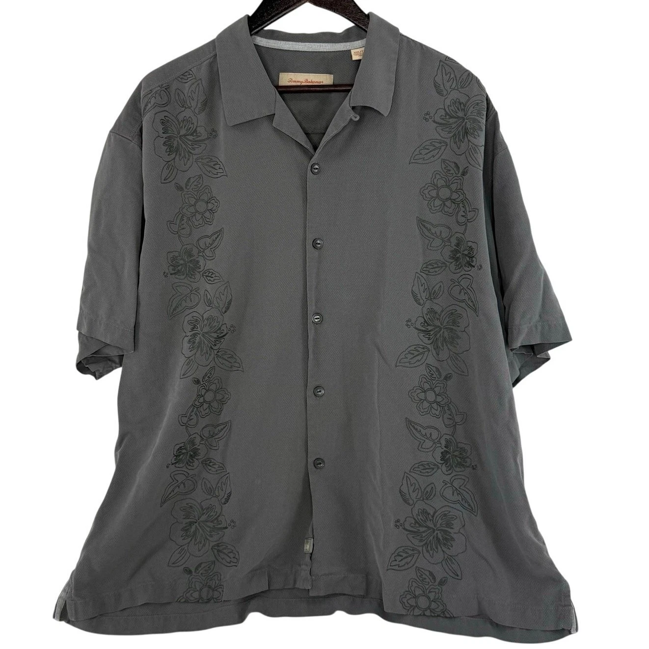 Tommy Bahama Mens XXL Gray Silk Button Up Shirt Floral Camp Hawaiian Resort