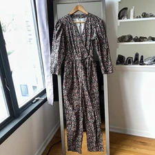 La Vie Rebecca Taylor LS Jumpsuit S Black Floral Wrap Belted Cotton Boho Fall