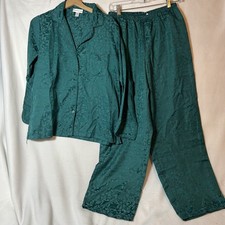 Vintage Miss Elaine Size S Women's 2 Pc Pajama Set Hunter Green Floral Leaves