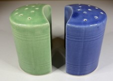Vintage Pottery SALT & PEPPER SHAKERS Half Moon Crescent Nesting Blue & Green