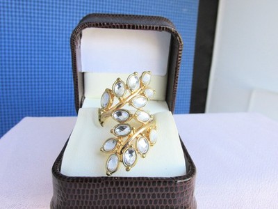 Gorgeous Golden Leaf Wrap Ring Faceted Marquise Crystals Crazy Sparkles SZ 10