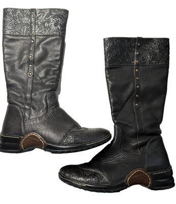 Sofft  Black Leather Over Calf Boho Walking Riding Zip Boots Size 8M