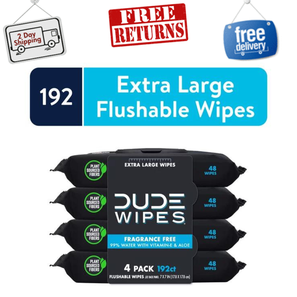 DUDE Wipes Flushable Wipes, Unscented XL Wet Wipes, Toilet Paper, 48 Ct