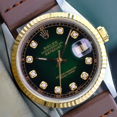 Rolex Mens Datejust Twotone 16233 Watch Green Vignette Diamond Dial Leather Band