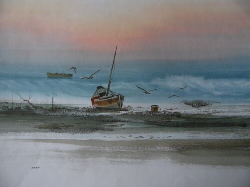Gouache original de artista tailandés escena costera con pájaros y barco. - Imagen 1 de 4