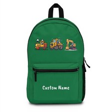 Green Toddler Backpack - Excavator Trucks Design, Waterproof, Lightweight