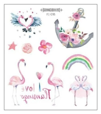 ROSIE'S TATTOO BOUTIQUE I LOVE FLAMINGO Temporary Tattoos UK Girls Body Art Sticker Transfers Rainbow 🦩
