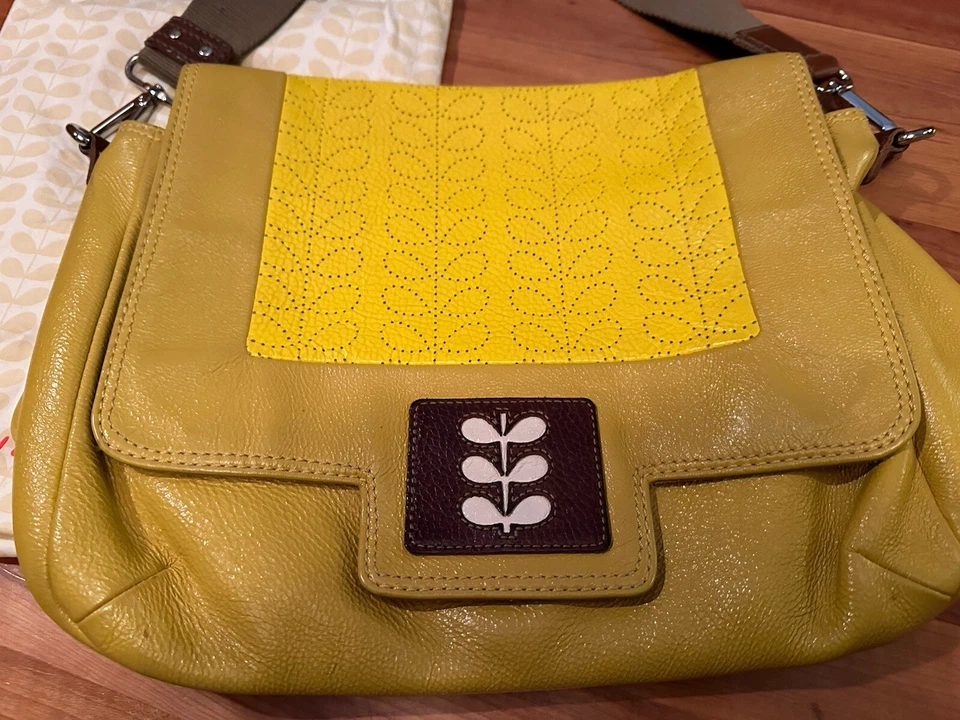 Bandolera/bolso de hombro Orla Kiely raro, difícil de encontrar, vintage, vástago, cuero amarillo Foto 3 de 4