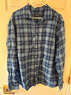 Vineyard Vines Linen Spread Collar Plaid Shirt Blue Long Sleeve Size XL