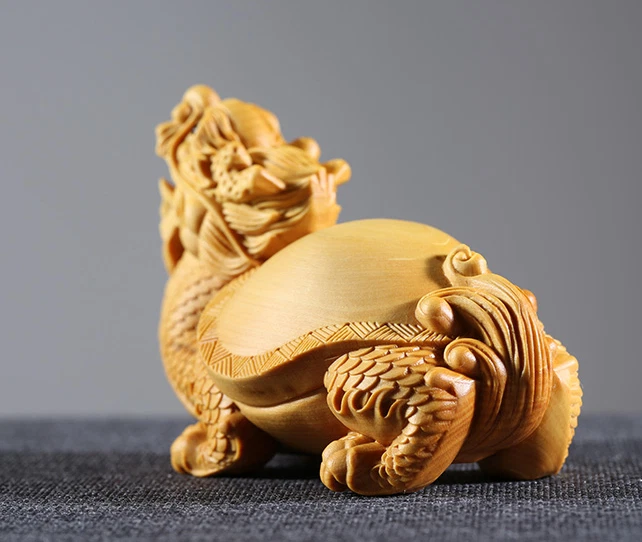 Boxwood Carving Ornaments Auspicious Beast Solid Wood Dragon Turtle - Image 3 of 4