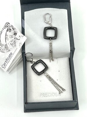 Preciosa Women Black ceramic square earrings w/ tassels silver 925 dangle Czech