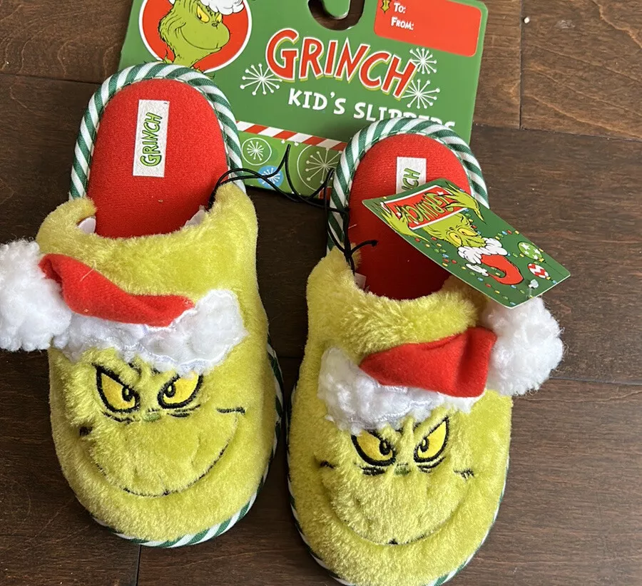 Dr. Seuss Grinch Size 2 3 Green Christmas Slippers Grinch Boys Unisex Kids