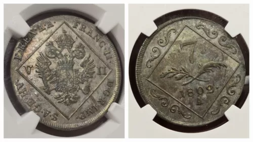 1802 A AUSTRIA Franz II Silver 7 Kreuzer Austrian Coin NGC AU Error, Toner!~